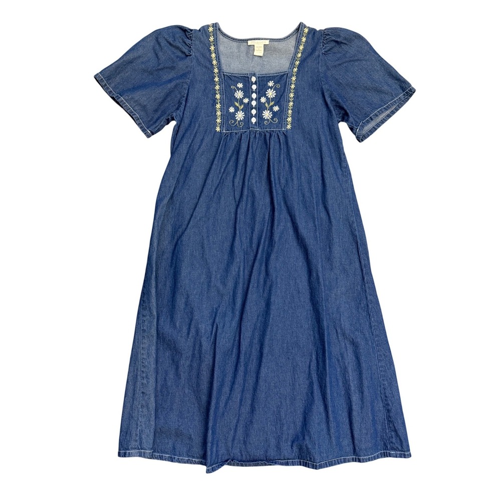 Vintage Denim Prairie Dress Embroidered Floral Daisy Blue Cotton S cottage boho